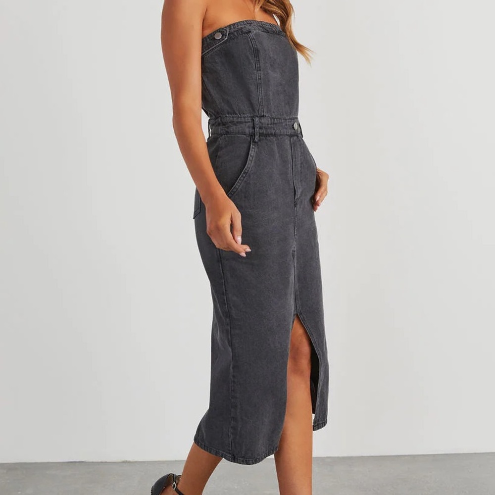 NWT!! Vintage Black Tube Denim Detailed Front Slit Midi Dress🤠 - Picture 10 of 12
